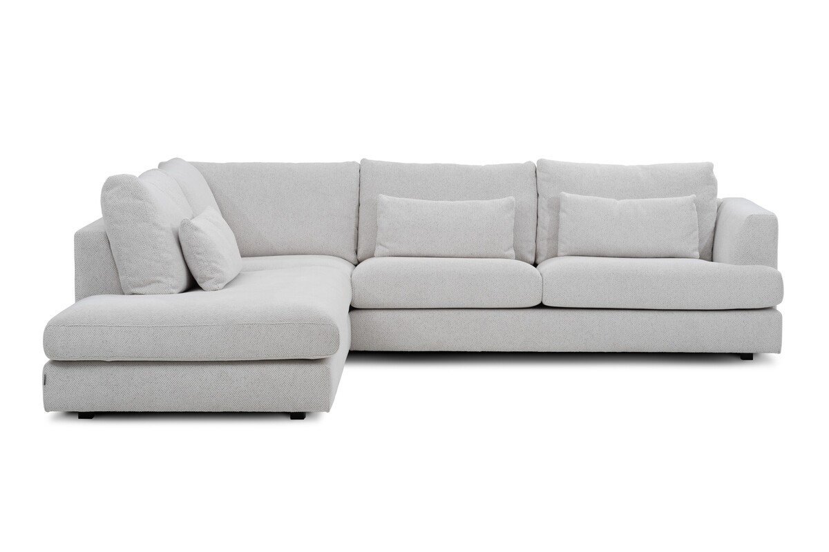 Nowoczesna sofa z szezlongiem, sofa narożna w kolorze off-white, jasna sofa z możliwością prania pokrowca

