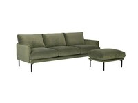 Sofa Ravel, tkanina oliwkowy velur w zestawie puf z tej samej kolekcji, smukłe metalowe nogi, nowoczesny design, oferowany w szerokiej gamie tkanin i skór