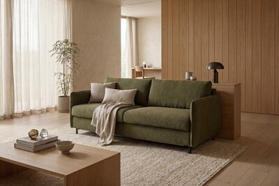 Zielona sofa, sofa z funkcją spania, drewniane ściany, naturalne drewno, stolik kawowy z drewna, nowoczesne wnętrze, minimalistyczny salon